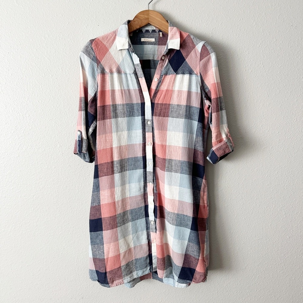 Barbour Seaglow Gingham Button Front Shirt Dress Cotton 3/4 Sleeve Size 10